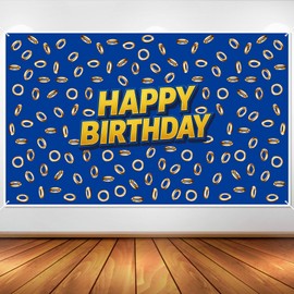 SAVITA Blue Hedgehog Birthday Decorations, 70.87x43.31 Inch Happy Birthday Banner with Gold Rings Print Creative Video Game Party Backdrop Cartoon Theme Party Supplies for Boys Girls