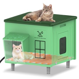 Tepoal Plastic Heated Cat House for Outside Winter, Weatherproof Outside Cats Shelter with Safety Escape Doors and Heating Pads, Elevated Feral Cat House for Wild and Stray Cats 17.7"x17"x17.5" Green