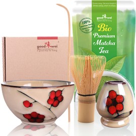 Teezeremonie-Set mit hochwertiger Matcha-Schale und echtem Bio Matcha aus Japan (Plum)