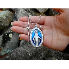 Large Blue Enamel Miraculous Medal, 18" Stainless Steel Snake Chain Miraculous Necklace, Our Lady of Grace Medal, Medal Measures 1 3/4 inch, Comes with Prayer Card