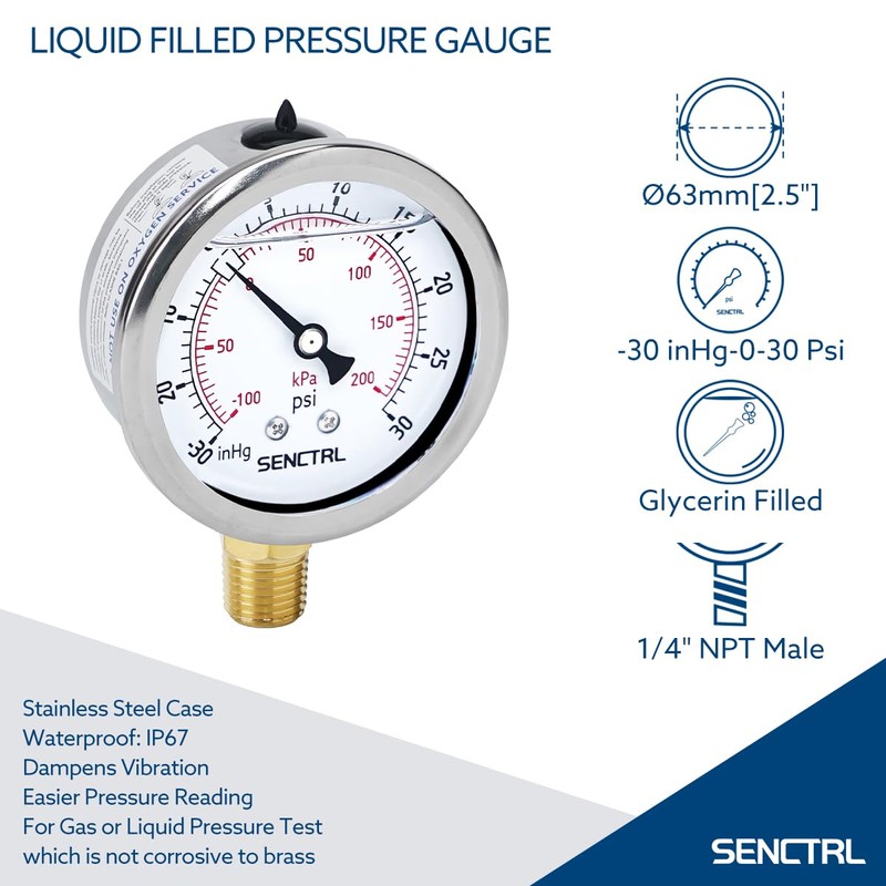 SENCTRL 30 inHg to 30 Psi Vacuum Glycerin Liquid Filled