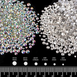 4 Mixed Colors Flatback Round Rhinestones Kit #7, Multi Size Glass Crystals Bead with Pickup Pencil and Tweezer for Nail Art