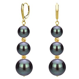 Graduated Freshwater Cultured Dyed-black Pearl and Sparkling Beads Lever-back Earrings in 14K Yellow Gold