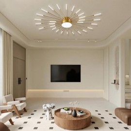 Modern Pendant Lights Flower Shape Ceiling Light for Living Room Dining Room Metal Black LED Lighting Fixture(28+1 Light) 3-Color Dimmable (Golden) (Golden)