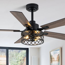 Dawn Whisper 46 Inch Farmhouse Ceiling Fans with Lights and Remote Quiet and Reversible DC Motor Black Industrial Rustic Caged Ceiling Fan for Bedroom Living Room Covered Patio (24-Black)