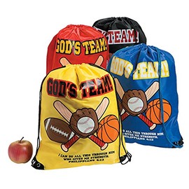 Fun Express - Gods Team Drawstring Backpack - Apparel Accessories - Totes - Novelty Backpacks - 12 Pieces