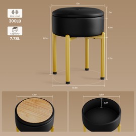 Memobarco Round Ottoman with Storage, Ottoman Foot Stool with Thick Padded Seat, Bonded Leather Vanity Stool with Sturdy Metal Legs, Modern Ottomans Chair for Living Room and Bedroom, Black
