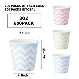Tamone 600 Pack 3 oz Paper Cups, Small Bathroom Cups, Disposable Cups, Mini Paper Cups Wave Design, Pink Cups, Green Cups, Blue Cups, Mouthwash Cups for Party, Picnic, BBQ, Travel, Home and Event