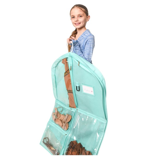 Waterproof Hanging Garment Bag 40 inch Clothes Bag with Gusset, 5 Pockets & Side Zip for Dance Costumes, Sports, Skating, Theatre, Beauty Pageants & More by Kendall Country, Sea Foam Green