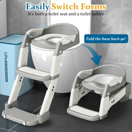 CUXFLS 3-in-1 Potty Training Seat with Ladder Adjustable Toddler Toilet Step Stool (Toilet, Ladder, Squatting Aid) for Children with Removable Cushion, Anti-Splash & Foldable Design - Grey