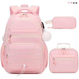 DIGOBAY Backpacks for Girls, 3 PCS Girls Backpack with Lunch Box, Pencil Cace Set for Teen Girl Kids, Bookbag School Backpack for Elementary Middle High School College Students Age 3+ Pink