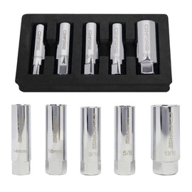 CENFORGE Cenfoge 5-PC Magnetic Spark Plug Socket Set, Includes 14mm, 16mm, 9/16", 5/8" and 13/16" Sockets, 3/8" Drive Spark Plug Socket Set Magnetic Kit, 12-Point, with Reusable Storage Rail