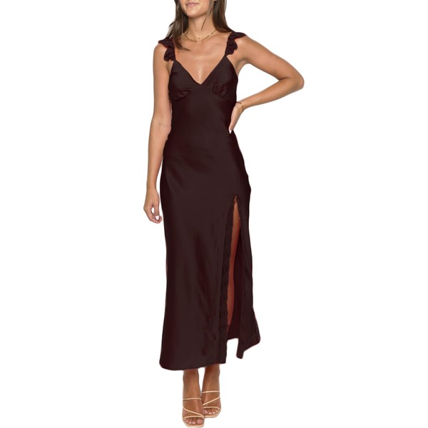 Summer Satin Lace Spaghetti Strap Midi Dress for Wedding Guest