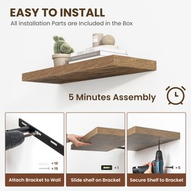 Acovy 36 Inch Floating Shelves, 12 Inch Deep Floating Shelves for Wall, Floating Shelf with Invisible Brackets, Deep Shelves for Bathroom, Bedroom, Living Room, 2 Pack, Brown