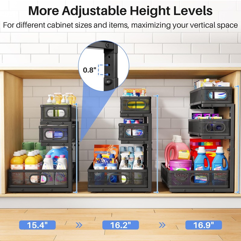 Under Sink Organizer, 2-Pack 3-Tier Thickened Metal Pull out Cabinet