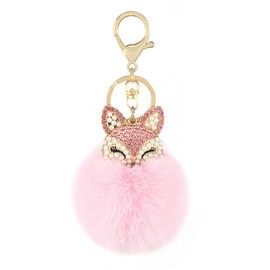 LUVI Artificial Faux Rabbit Fur Keychain Fluffy Bling Glitter Plush Ball Pom Charm Fox Head Inlay Pearl Rhinestone Key Chain Cute Car Decoration Purse Handbag for Women Pink