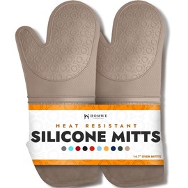 BPA-Free Silicone Oven Mitts Ultra Heat Resistant up to 500°F - Oven Mitts with Thick Cotton Liner - Long Slip Resistant Pot Holders, Flexible Oven Gloves - Beige 14.7