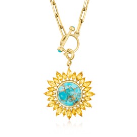 Ross-Simons Turquoise and 2.50 ct. t.w. Citrine Sunflower Toggle Necklace in 18kt Gold Over Sterling. 18 inches