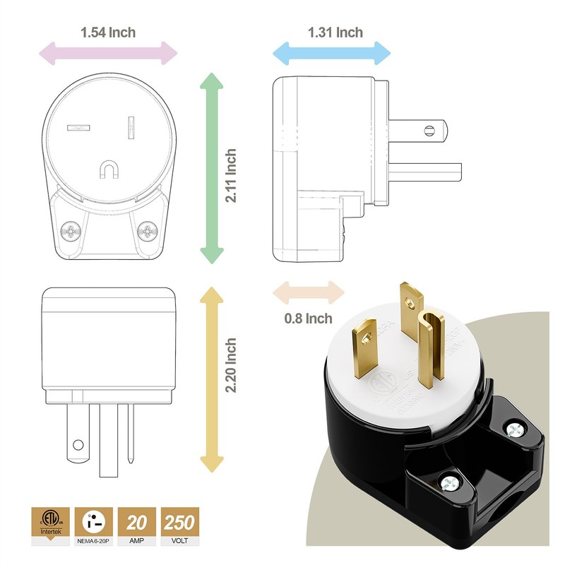 USA 3-Prong Male AC Plug, Right Angle ETL Nema 6-20P