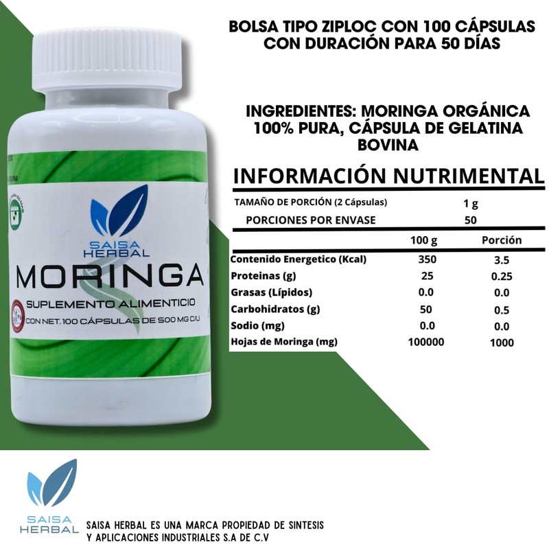 Moringa Orgánica 100% Pura bolsa con 100 cápsulas