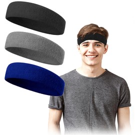 Sports Headband Women Men Sweatbands Forehead Terry Cloth Headband Sports for Running Cycling Jogging Tennis Football (Black Grey Blue)