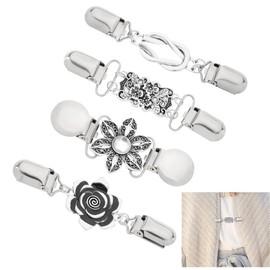 4Pcs Vintage Cardigan Clips,Antique Silver Shawl Cloak Clasp Fasteners Brooch Clips for Shawl Collar Dress Shirt Scarf Sweater Decoration(4 Styles)