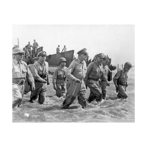 New 8x10 World War II Photo: Douglas MacArthur Wades to Leyte Shore