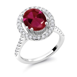 Gem Stone King 4.50 Cttw Red Created Ruby and White Created Sapphire Ring For Women | 925 Sterling Silver | Oval 11X9MM | Available in size 5, 6, 7, 8, 9