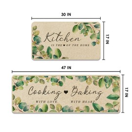 Tayney Summer Eucalyptus Leaves Kitchen Rugs and Mats Non Skid Washable Set of 2, Green Plant Mats for Floor, Farmhouse Runner Rug Rustic Kitchen Decor