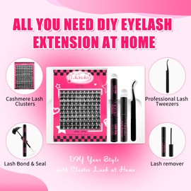 DIY Lash Extension Kit,Cluster lash Extensions Kit, 10-16mm Mix Wispy Lash Clusters, D Curl Lash Clusters Kit with Bond and Seal & Tweezer & Remover, Fluffty Lash at Home Lash Extensions Kit