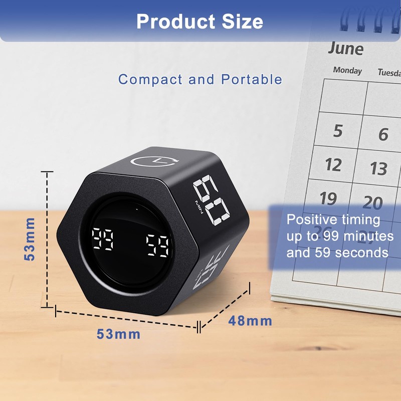 Foyucool Hexagon Digital Productivity Timer, Rotating Pomodoro Timer with 1-5-10-30-60