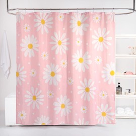 QJHOMO Pink Floral Shower Curtain Set Cute Daisy Girly Bathroom Curtain, Washable Waterproof Fabric Shower Curtains with 12 Hooks, Modern Aesthetic Decor Colorful Flower Shower Curtain 72x72 inch
