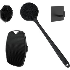 Juego de tres cepillos de baño: mango extralargo, cerdas extralargas, enjabonado sin esfuerzo, ideal para frotar la espalda, incluye gancho para colgar, cepillo de baño, cepillo de limpieza facial. (3pcs Bath Brush Set-Black)
