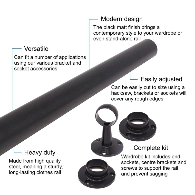 Wardrobe Rail Black Mounted Kit for Clothes Hanging (1 rail,