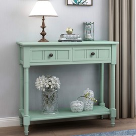 P PURLOVE Console Table Sideboard Wooden Sofa Table with 2 Drawers and Bottom Shelf for Bedroom (Tiffany Blue)