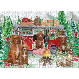 Christmas Time Camping with Nova Scotia Duck Tolling Retriever Dogs Jigsaw Puzzle for Adults - Animal Printed Interlocking Puzzle Game - Gift for Dog Lover's - 1000 Pcs 20"x30"