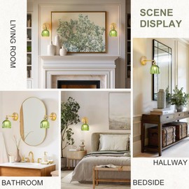 LINSEEDS Wall Sconces Set of Two Hardwired, Vintage Wall Sconce Light with Tulip Green Glass Lampshade, Bathroom Wall Sconces with Switch, Gold Wall Light Sconces Wall Decor Set of 2