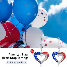 American Flag Heart Earrings - Sterling Silver Red White and Blue Patriotic Stud Hypoallergenic Jewelry Independence Day Gifts for Women (USA Flag Dangle Earrings)