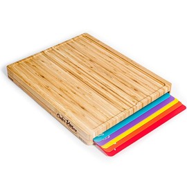 Easy-Clean Bamboo Cutting and Chopping Board Set with 6 Thick Sturdy Color-Coded Plastic Mats & Food Icons for Kitchen Use - Color: Light