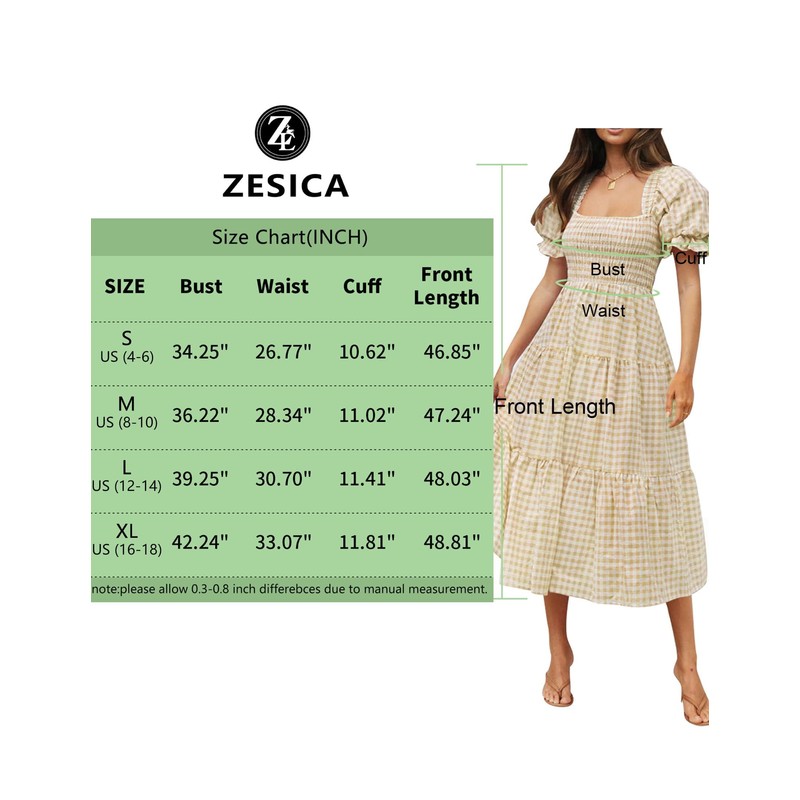 ZESICA Women's 2025 Bohemian Summer Plaid Square Neck Puff Sleeve