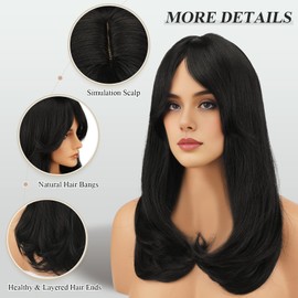 FESHFEN Wigs with Bangs for Women, Natural Black Synthetic Long Layered Straight Hair Wig for Daily Party Use, 18 inch