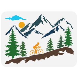 FINGERINSPIRE Mountain Tree and Cyclist Stencil 8.3x11.7inch Reusable Mountaineering Bikers Drawing Stencil Sunrise Painting Template Sports Theme Stencil for Painting on Wall Wood Fabric Furniture