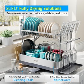 SUNLY Large Dish Drying Rack, Multipurpose 2 Tier Dish Racks for Kitchen Counter, 304 Stainless, Extra Large Drain Board