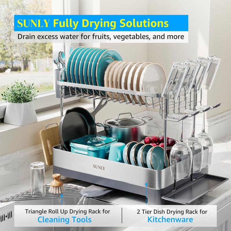 SUNLY Large Dish Drying Rack, Multipurpose 2 Tier Dish Racks