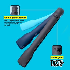 Tasty Serving Tongs Set of 3, Kitchen Tongs, Heat-Resistant, Turning, Barbecue & Salad Tongs, Plastic Tongs, Kitchen Utensil, Dimensions: Small, Medium, Large, Colour: Blue, Light Blue, Grey