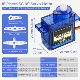 Hanaive 16 Pcs SG90 9G Micro Servo Motor Mini Servo SG90 Servo Motors RC Servo Kit for Robot Helicopter Airplane Car Boat Control