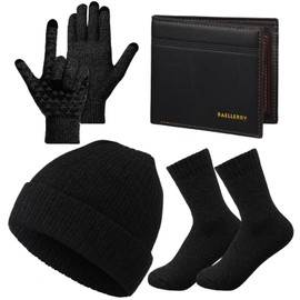 Cuffbow 5 Pcs Winter Beanie Hat Socks Wallet Touchscreen Gloves Set Gift Box for Men Women Cold Weather Birthday Presents(Black)