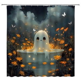 ZKJSMGS Halloween Ghost Shower Curtain,Cute Spooky Orange Floral Lake Festival Autumn Gray Blue Bathroom Home Curtain Decor with Hooks,70x70 Inch