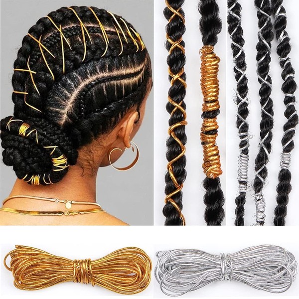 2 Pcs 5M Dreadlock Braids Hair Accessories, Hair Strings for Braids Silver Gold Braiding Hair Deco Styling Shimmer Stretchable African Braided Elastic Cord Ornament Hanging Decorating Gift Wrapping