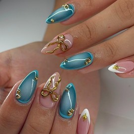 3D Almond Press on Nails Medium White French Tip Fake Nails Cute Gold Bow False Nails with Stars Designs Blue Glue on Nails Glossy Stick on Nails for Women Girls 24Pcs